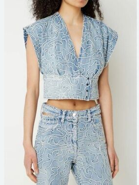 IRO PARIS Blue Zahair Embroidered Denim Top FR 34 $400